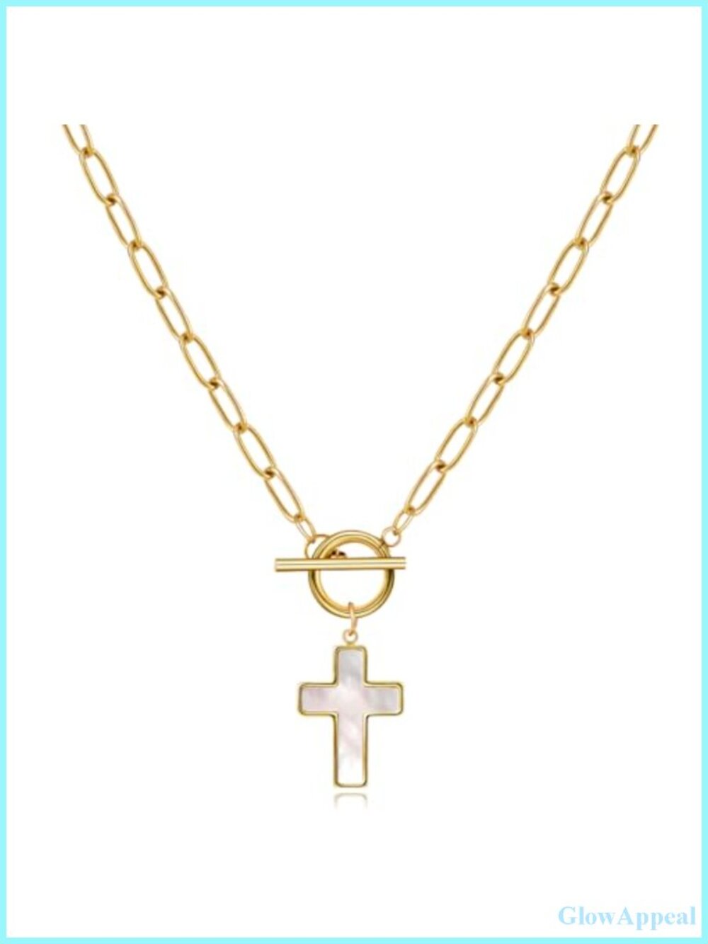 18K Gold Plated Natural White Shell Cross Pendant Necklace Toggle Clasp Beach